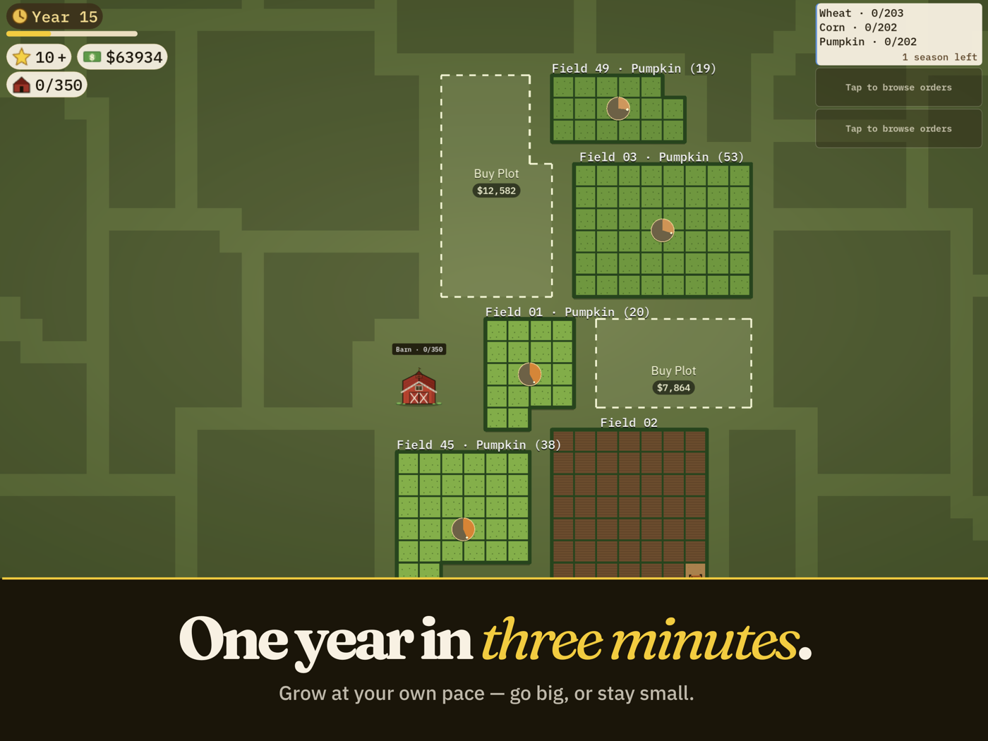 A satellite view of a pumpkin farm. Caption: One year in three minutes — grow at your own pace, go big or stay small.