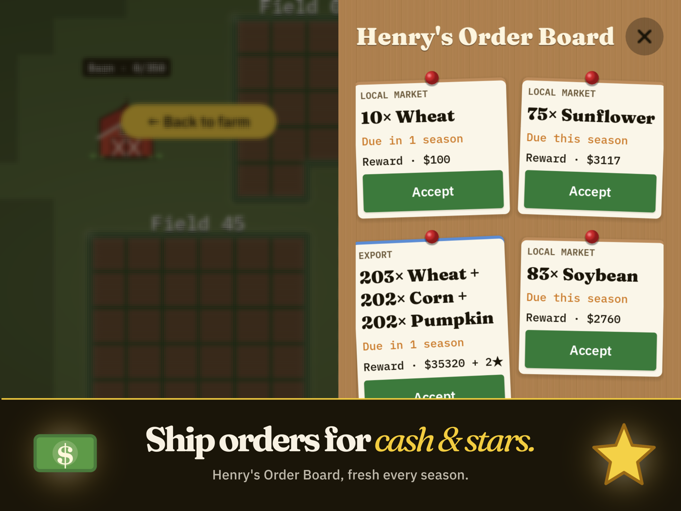 Henry's Order Board with contracts for wheat, sunflower, corn, and soybean. Caption: Ship orders for cash and stars — fresh every season.