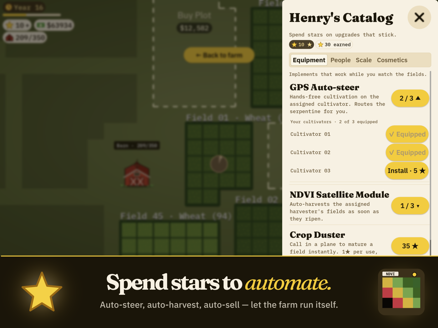 Henry's Catalog showing GPS Auto-steer, NDVI module, and Crop Duster upgrades. Caption: Spend stars to automate — auto-steer, auto-harvest, auto-sell.
